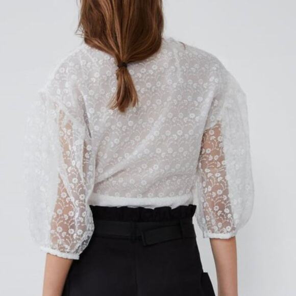 Zara Floral Eyelet Organza Crop Top Fairy Cottage Coquette Ballet Ethereal White - Picture 3 of 11